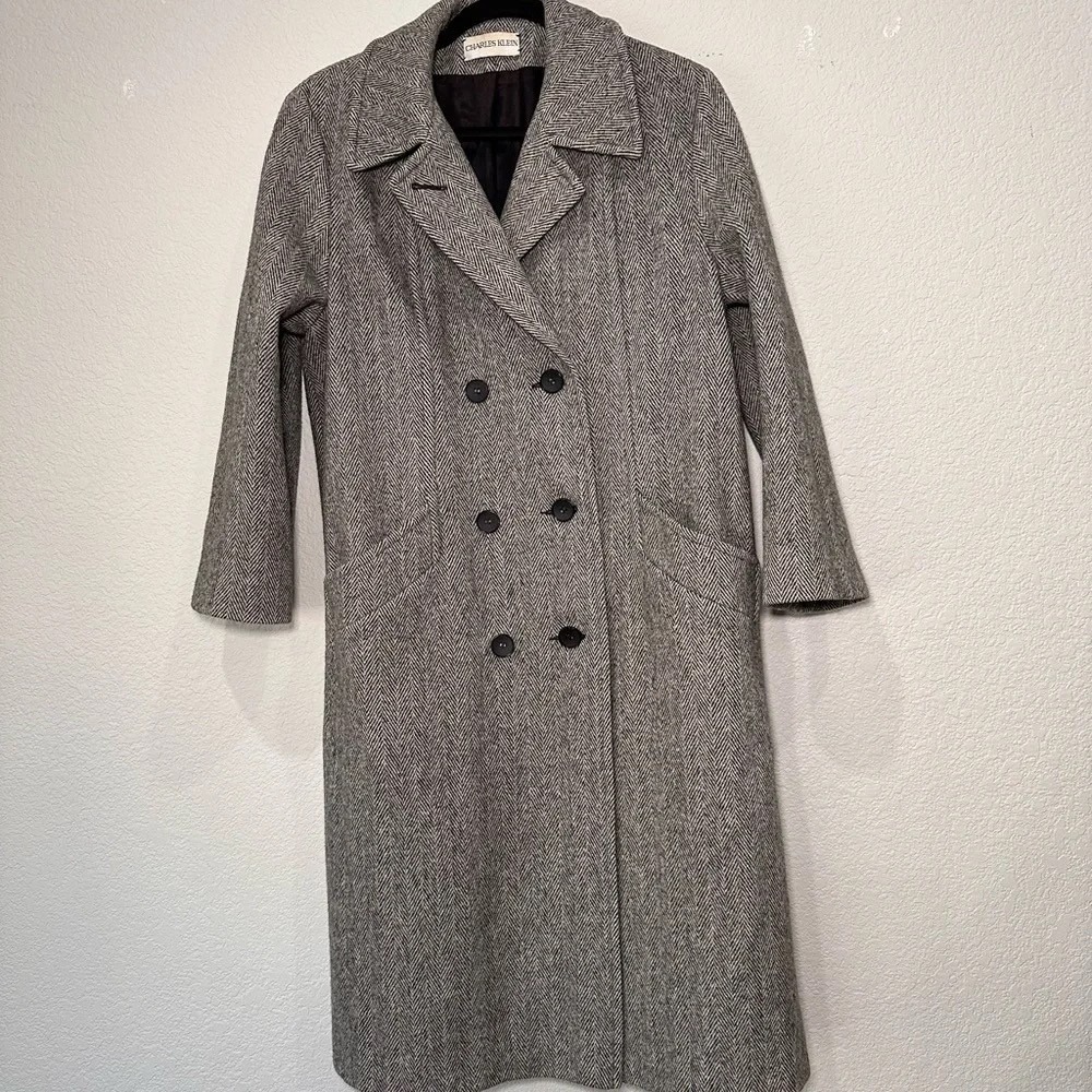Charles Klein Womens Grey Herringbone Wool Blend Double Breasted Long Coat